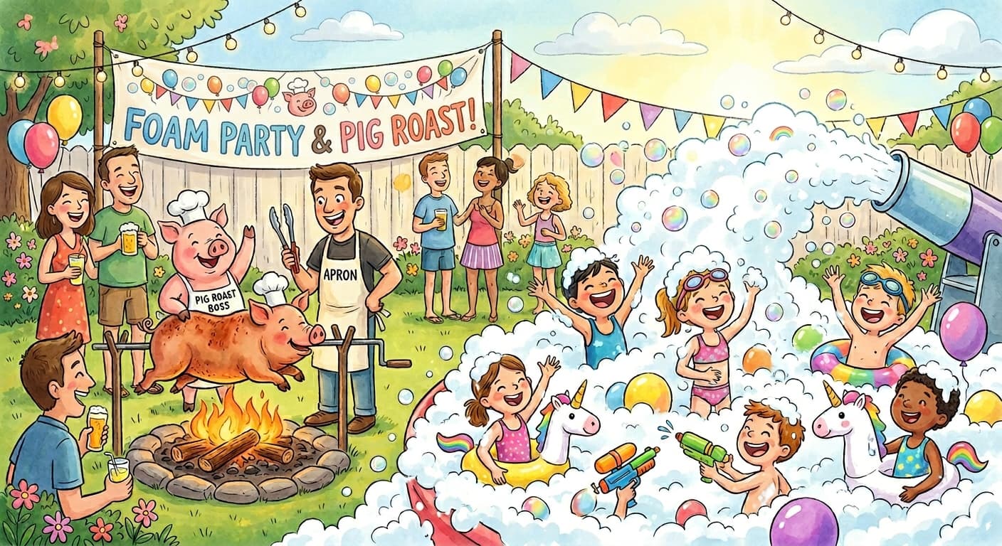 Foam Party & Pig Roast — a sunny backyard with a foam cannon, pig on a spit, balloons and kids playing in the suds